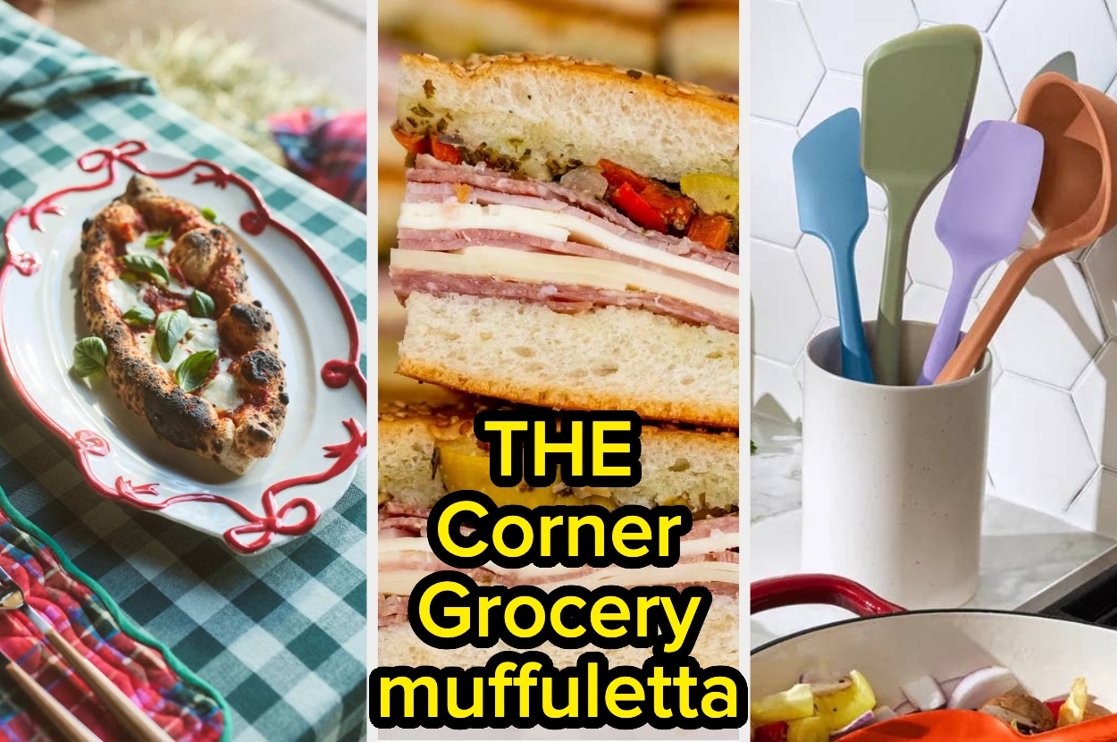 Collage of a rustic dish, a muffuletta sandwich, and colorful kitchen utensils in a holder. Text: "THE Corner Grocery muffuletta."
