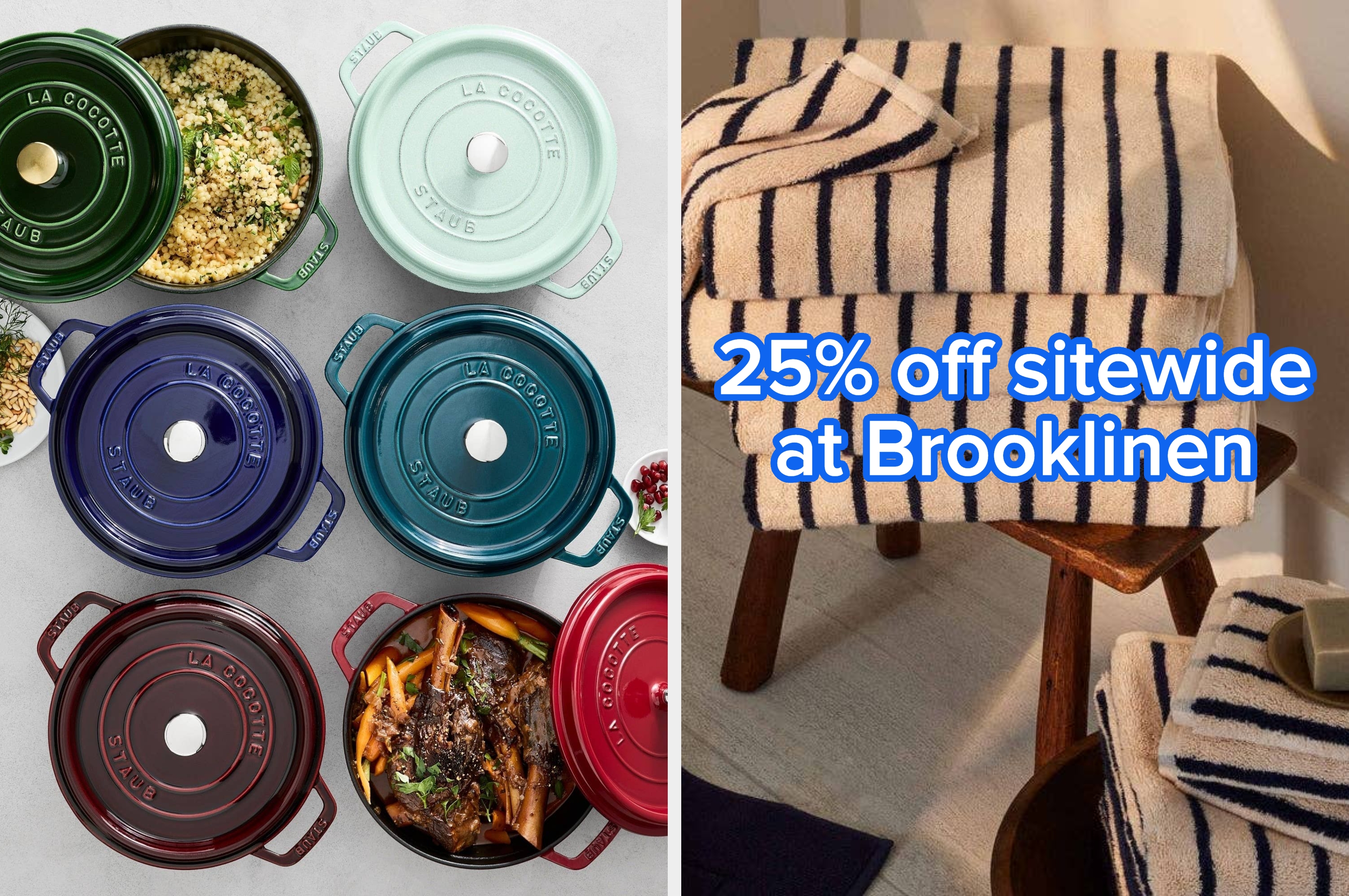 Cookware and towels displayed: various round pots with food, and a stack of striped towels on a stool. Perfect for kitchen and bath shopping