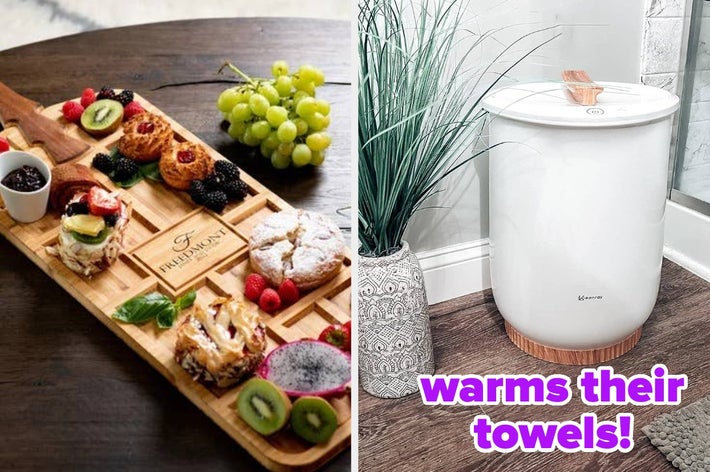 Left: A wooden charcuterie board with fruits and pastries. Right: A towel warmer next to a potted plant with text "warms their towels!"