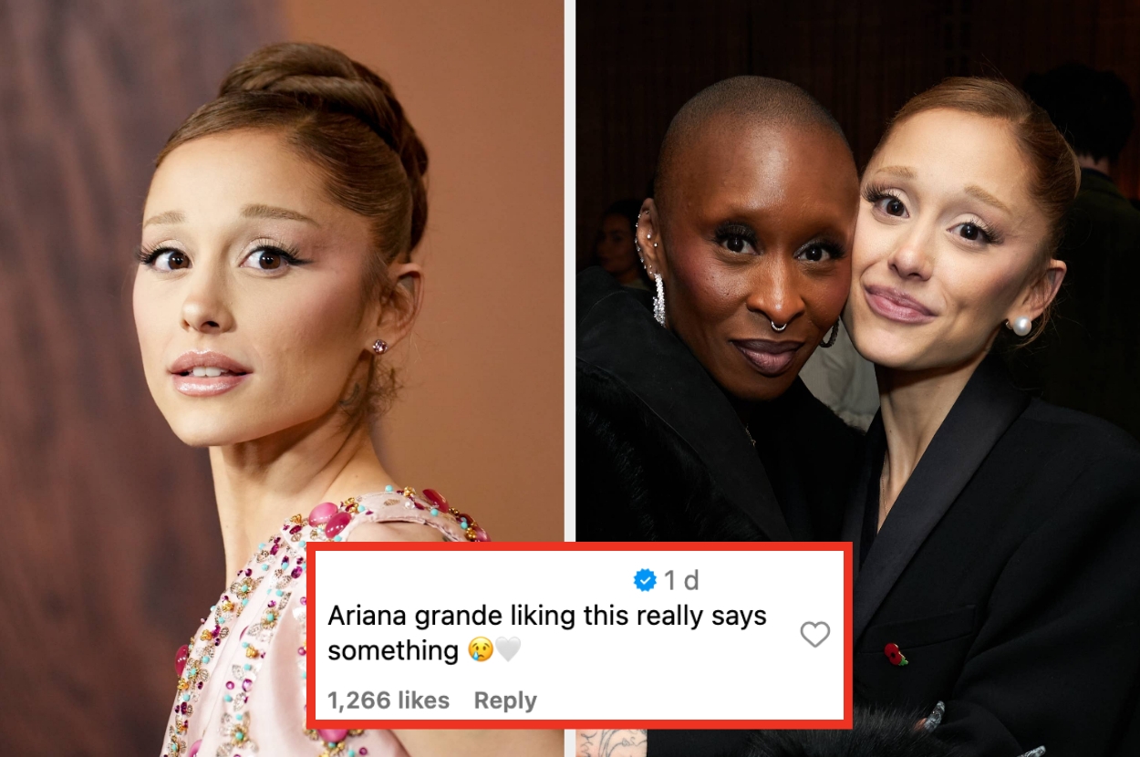 Left: Ariana Grande on a red carpet. Right: Cynthia Erivo and Ariana Grande embracing at an event. An Instagram comment over reads, "Ariana grande liking this really says something," with a sad face emoji