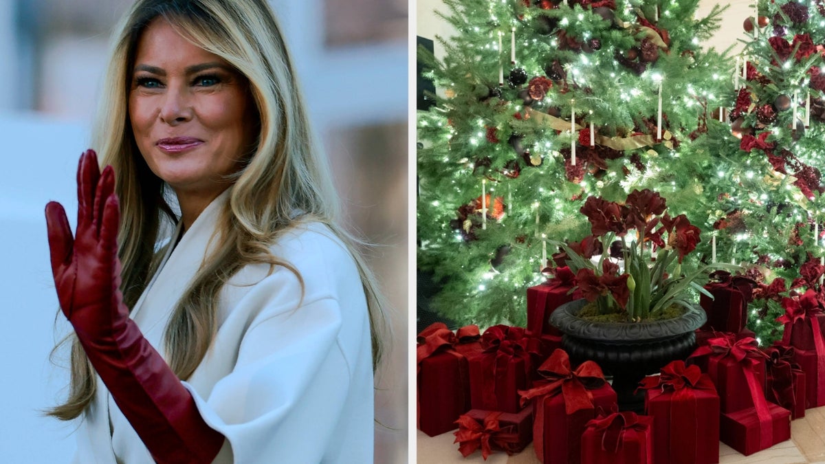 melania trump christmas dress 2025 Melania Trump welcomes Christmas tree to the White House