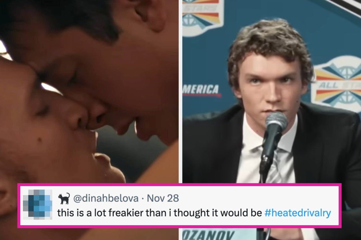 Split image: Left side shows two people about to kiss; right side features a suited individual speaking at a microphone. Caption: "This is a lot freakier than I thought it would be #heatedrivalry."
