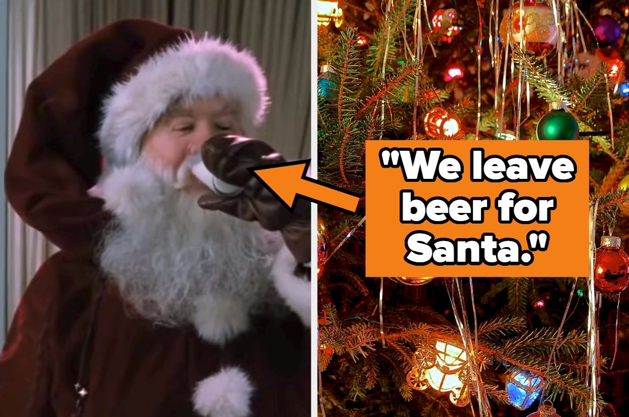 Santa drinking from a glass next to a decorated Christmas tree. Text reads, "We leave beer for Santa"