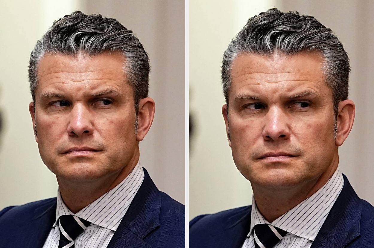 A serious-looking person in a suit and striped tie is seen in close-up, facing left in one image and right in the other, suggesting contemplation