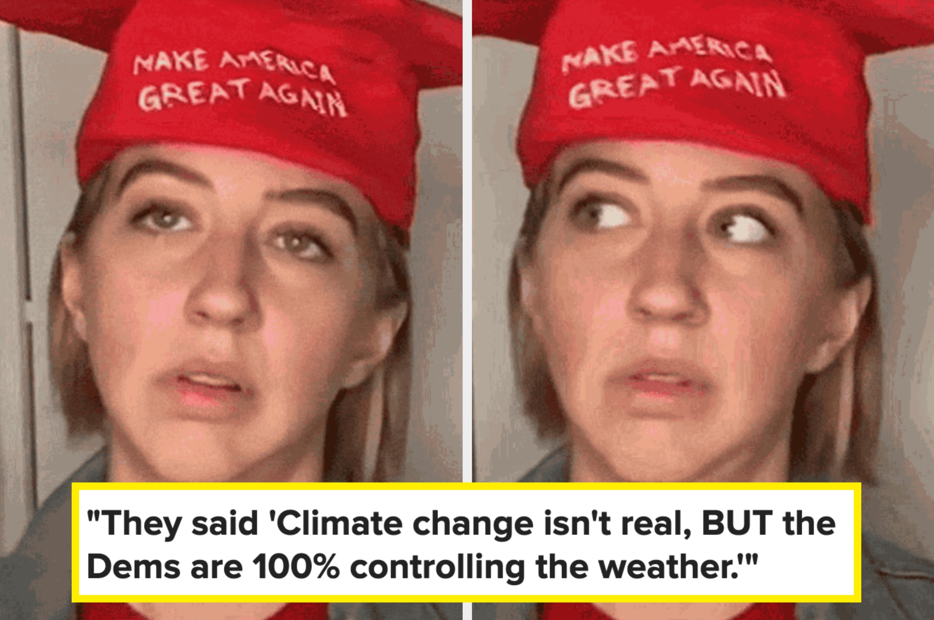 Person wearing a "Make America Great Again" cap, with a skeptical expression. Caption discusses skepticism about climate change and political views