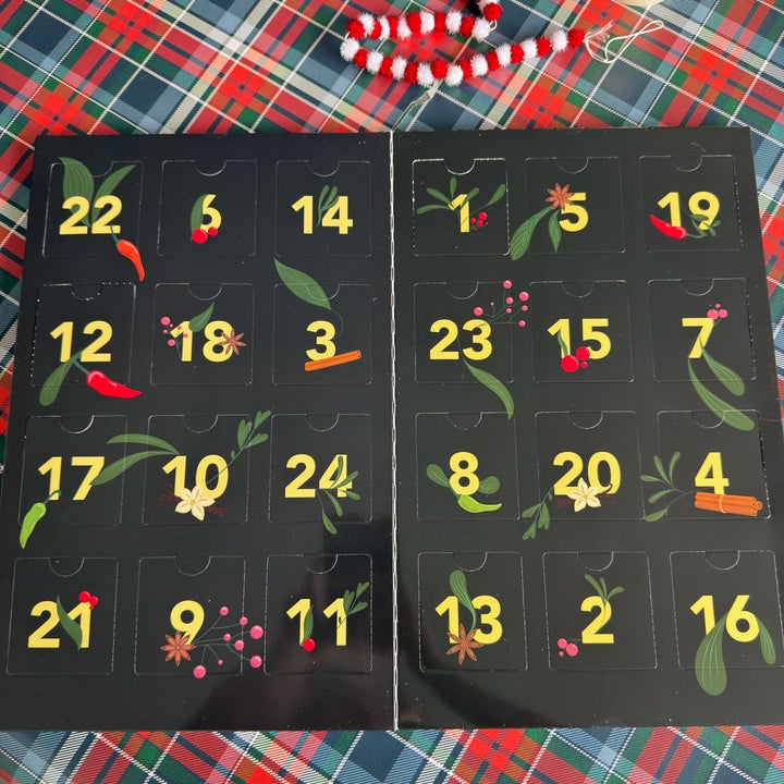 Two-page advent calendar with numbered flaps 1-24, decorated with small plant illustrations on a checkered tablecloth