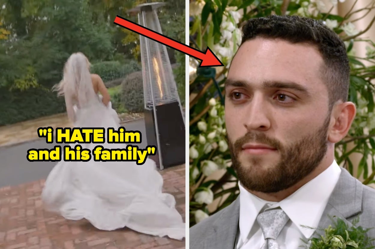 A bride in a gown runs away outdoors, with a groom in a suit looking concerned. Text reads: "i HATE him and his family."