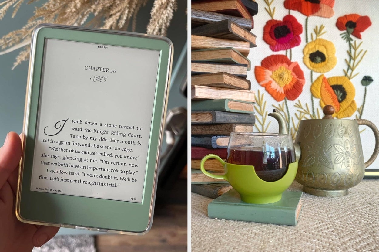 An e-reader open to Chapter 36 is on the left; on the right, a stack of books, tea in a stylish cup, and a decorative gold teapot
