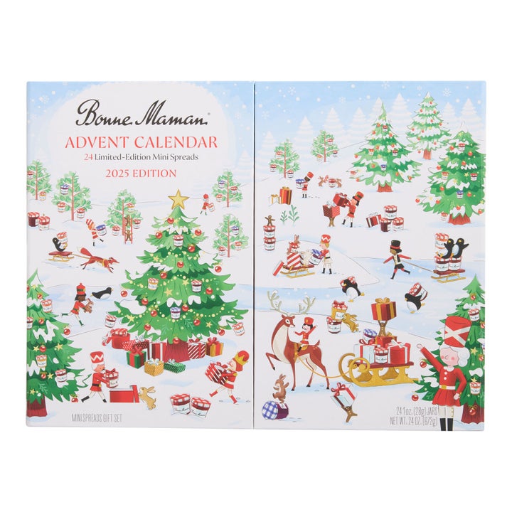Bonne Maman Advent Calendar 2025 Edition featuring festive illustrations of people, animals, and gifts around Christmas trees with snowy scenery