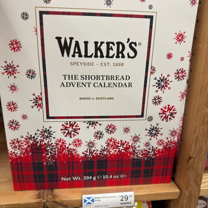 Walker's Shortbread Advent Calendar box on a shelf, priced at $29.99