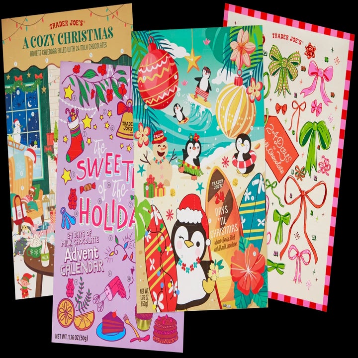 Four festive Trader Joe's holiday-themed advent calendars with decorative designs and penguin artwork