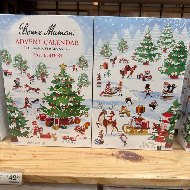 Bonne Maman 2025 Advent Calendar with festive holiday illustrations and 24 limited-edition mini spreads. Price tag: $49.99