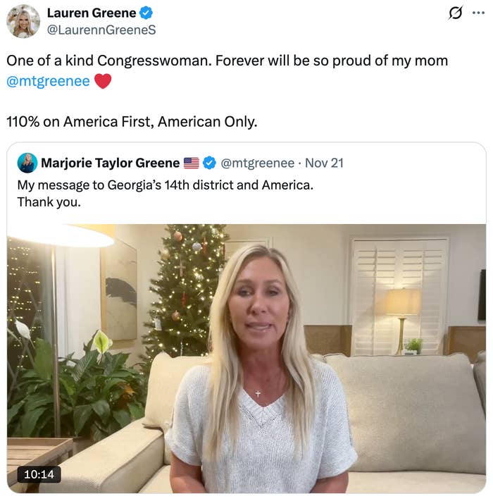 Screenshot of a tweet praising a congresswoman, with an embedded video of her providing a message to Georgia’s 14th district