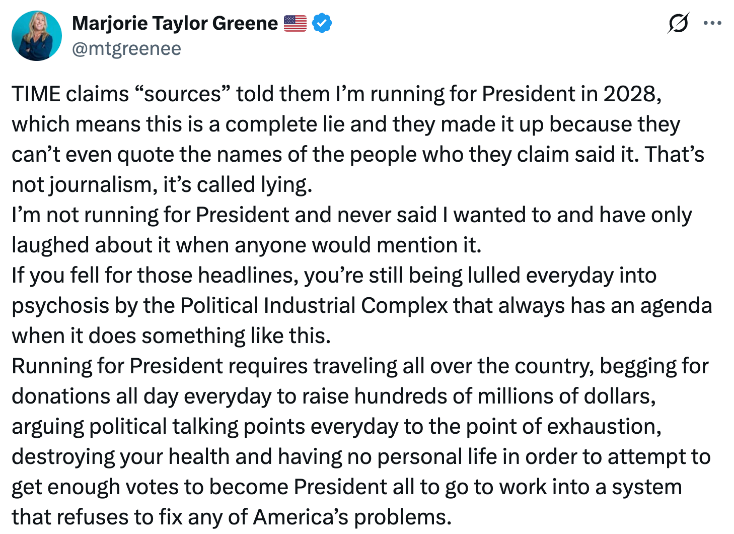 Summary of text: The post denies claims about running for President in 2028, criticizing the media as dishonest and politically manipulative