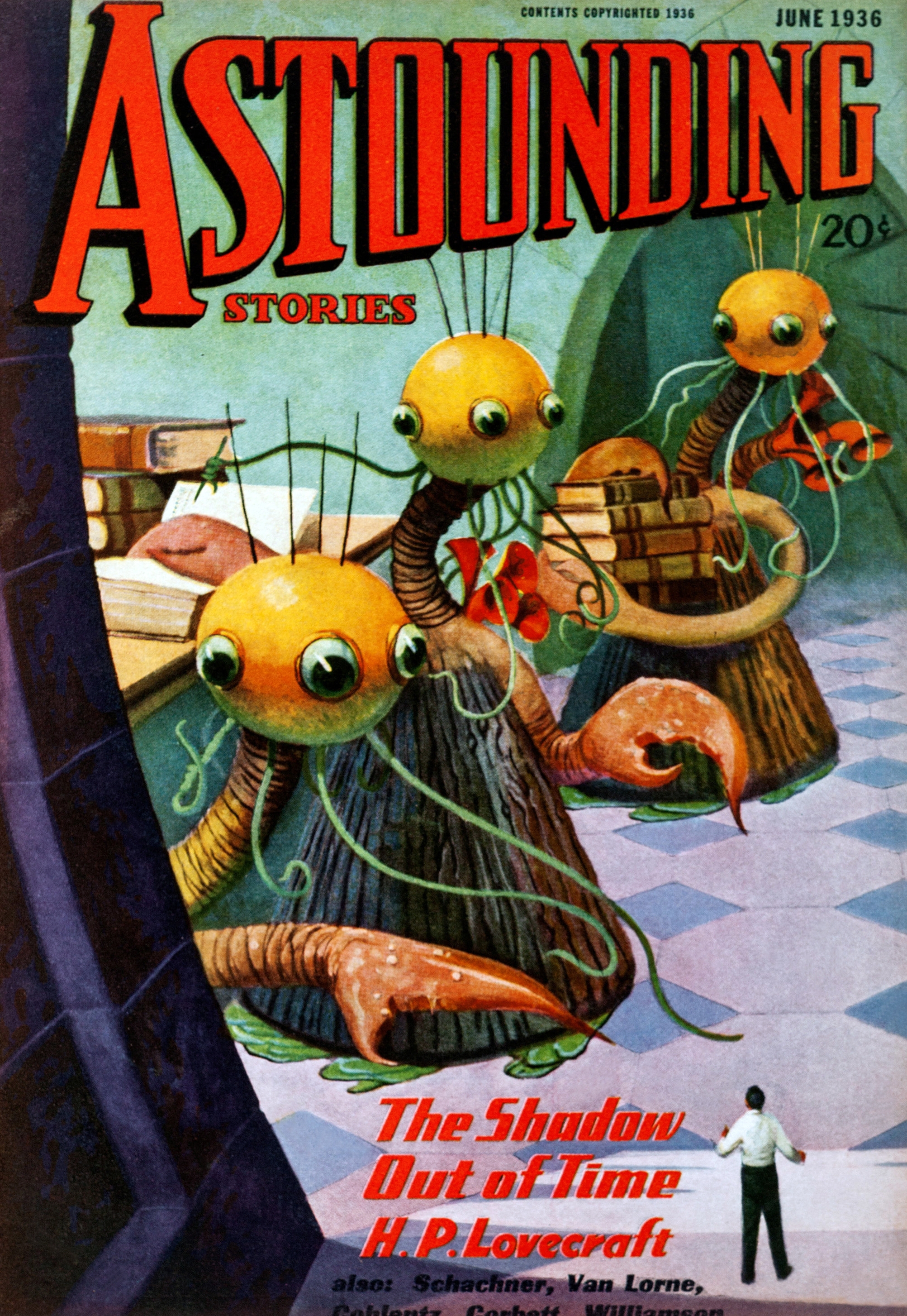A 1936 "Astounding Stories" sci-fi mag  screen  depicts alien creatures approaching a idiosyncratic   successful  a futuristic setting