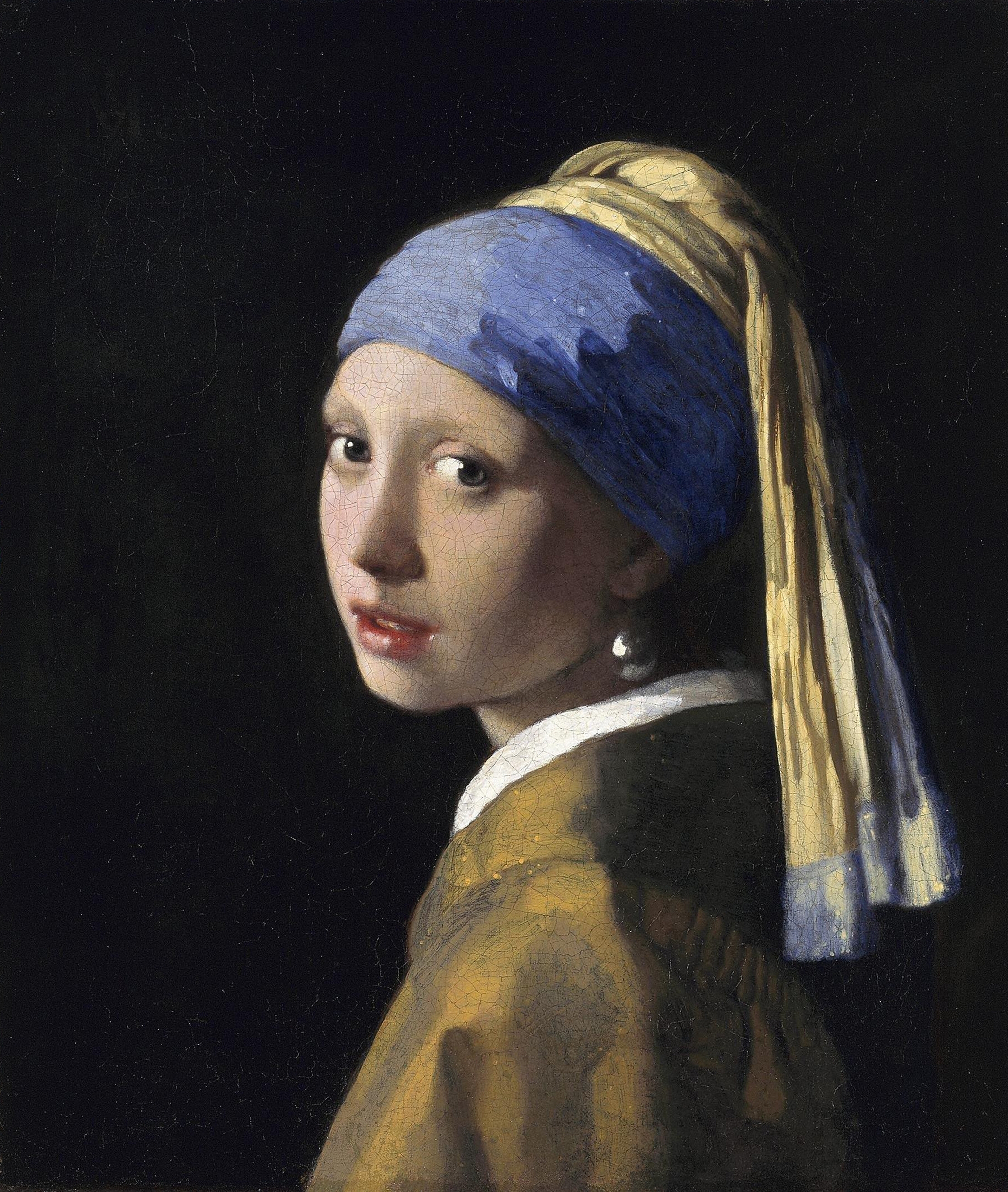 A coating  shows a pistillate   with a headscarf and pearl earring, gazing backmost  implicit    her shoulder