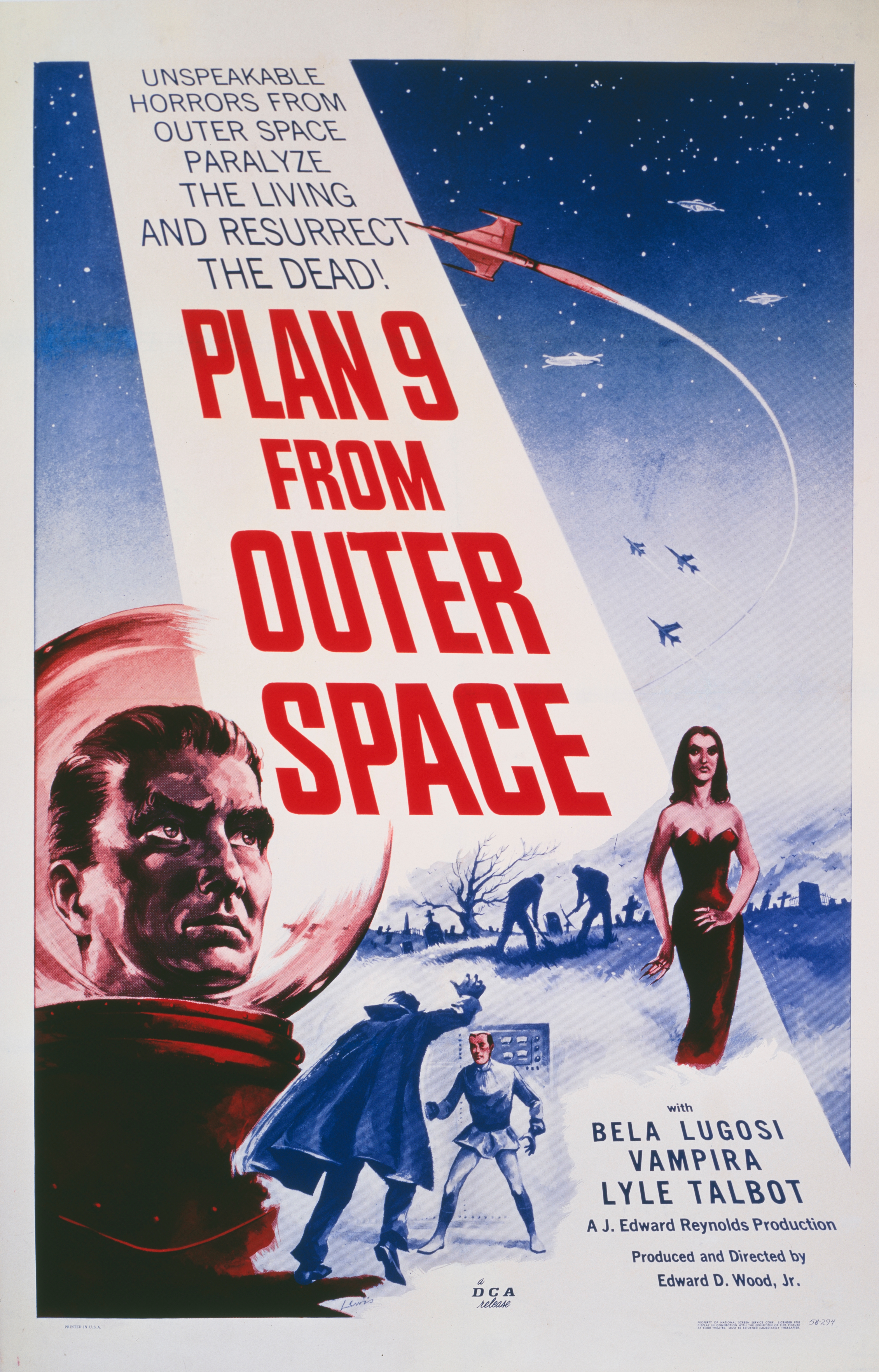 Movie poster for "Plan 9 from Outer Space" featuring space-themed imagery and cast, including Bela Lugosi and Vampira