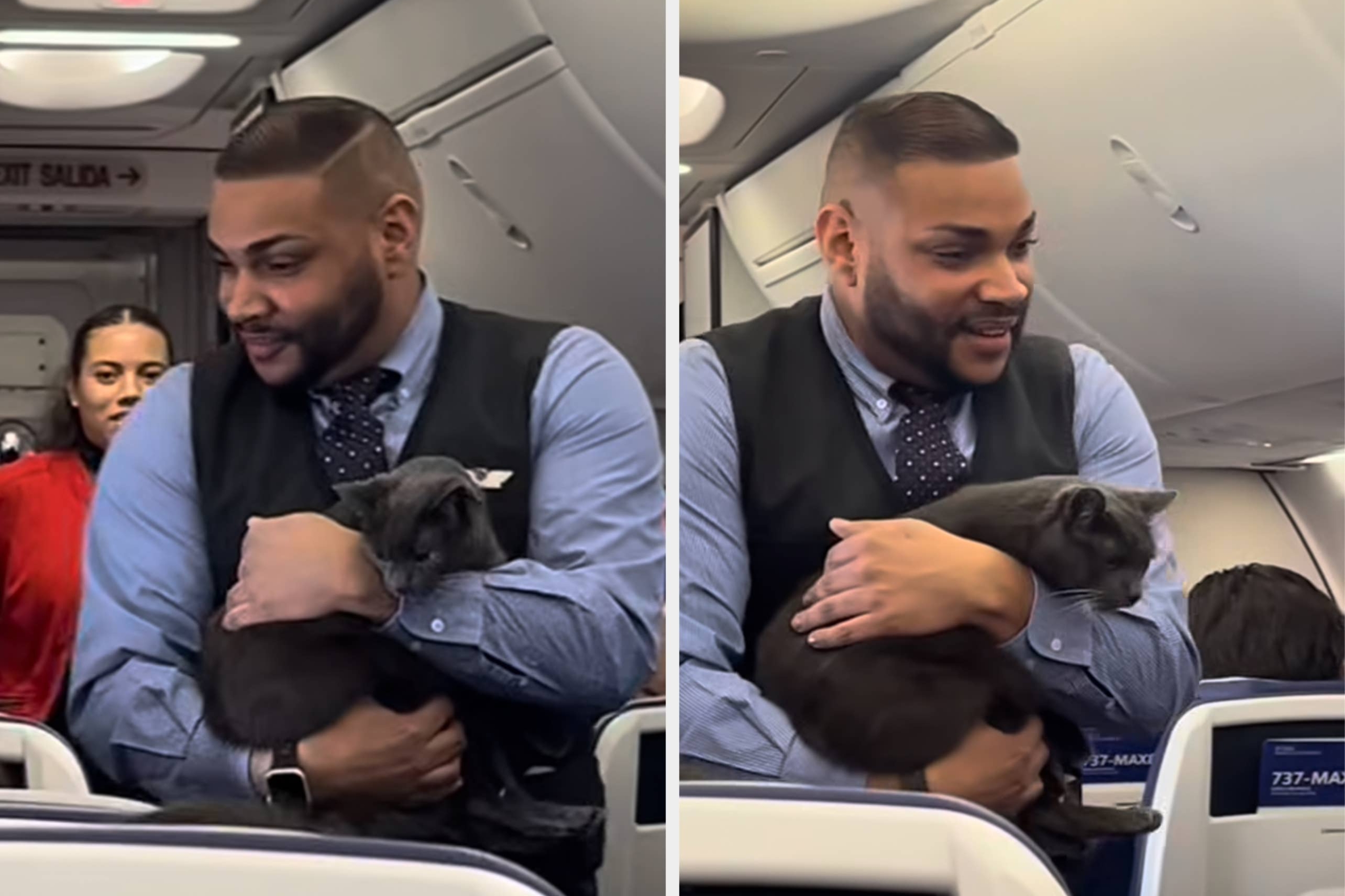客室乗務員が猫を抱えて微笑んでいる飛行機内での光景。