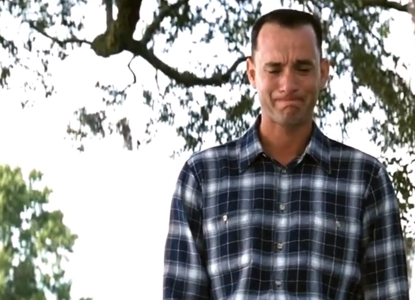 Person successful  a plaid garment  stands outdoors, appearing emotional, with trees successful  the background