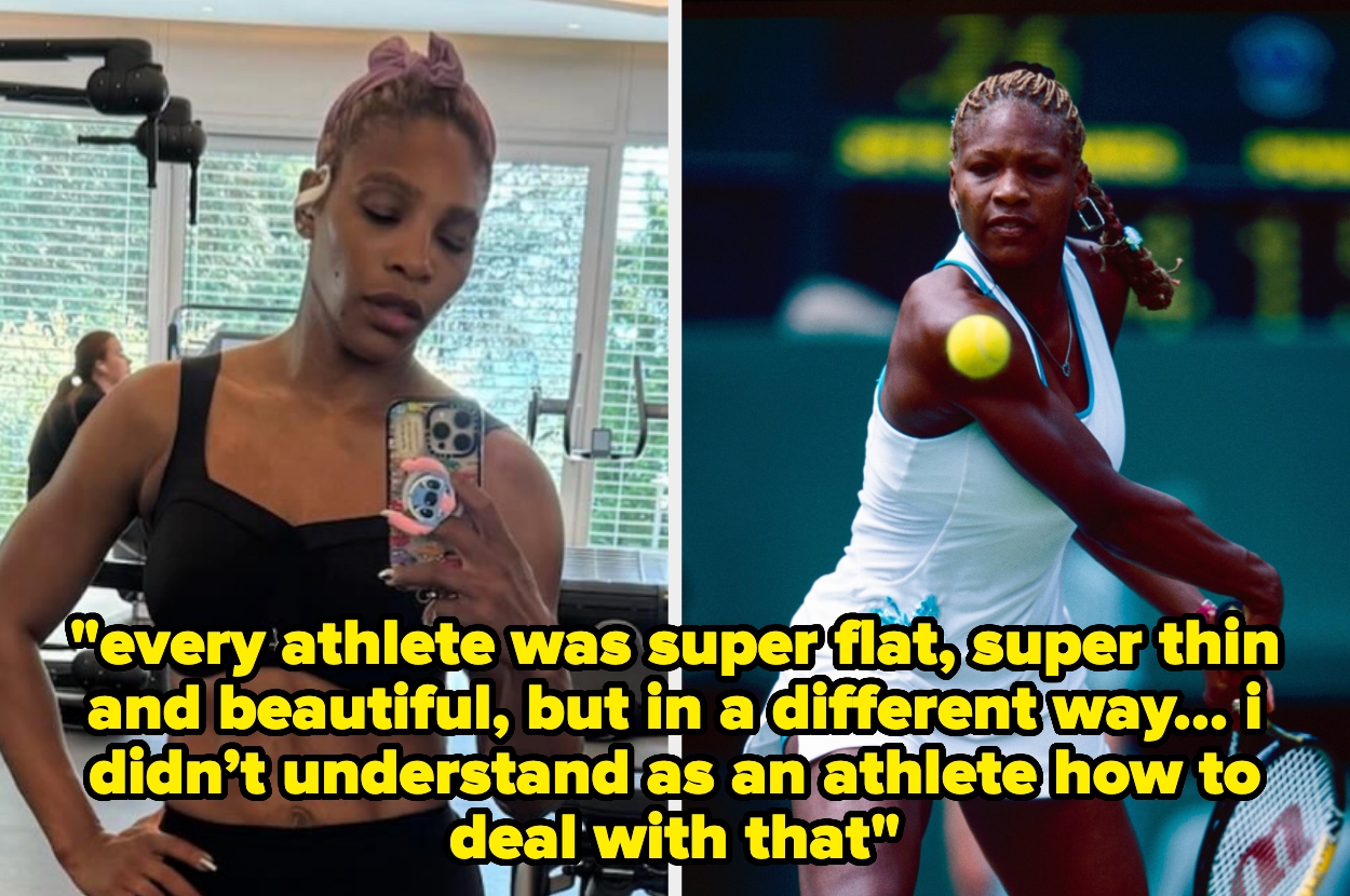Two images of Serena Williams. Left: Gym selfie. Right: Playing tennis in athletic wear. Quote about athlete body image struggles