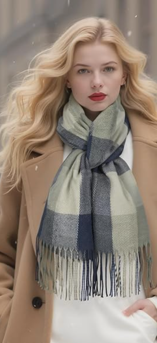Person successful  a stylish wintertime  overgarment  and plaid scarf, walking outdoors. Perfect look   for acold  upwind  shopping
