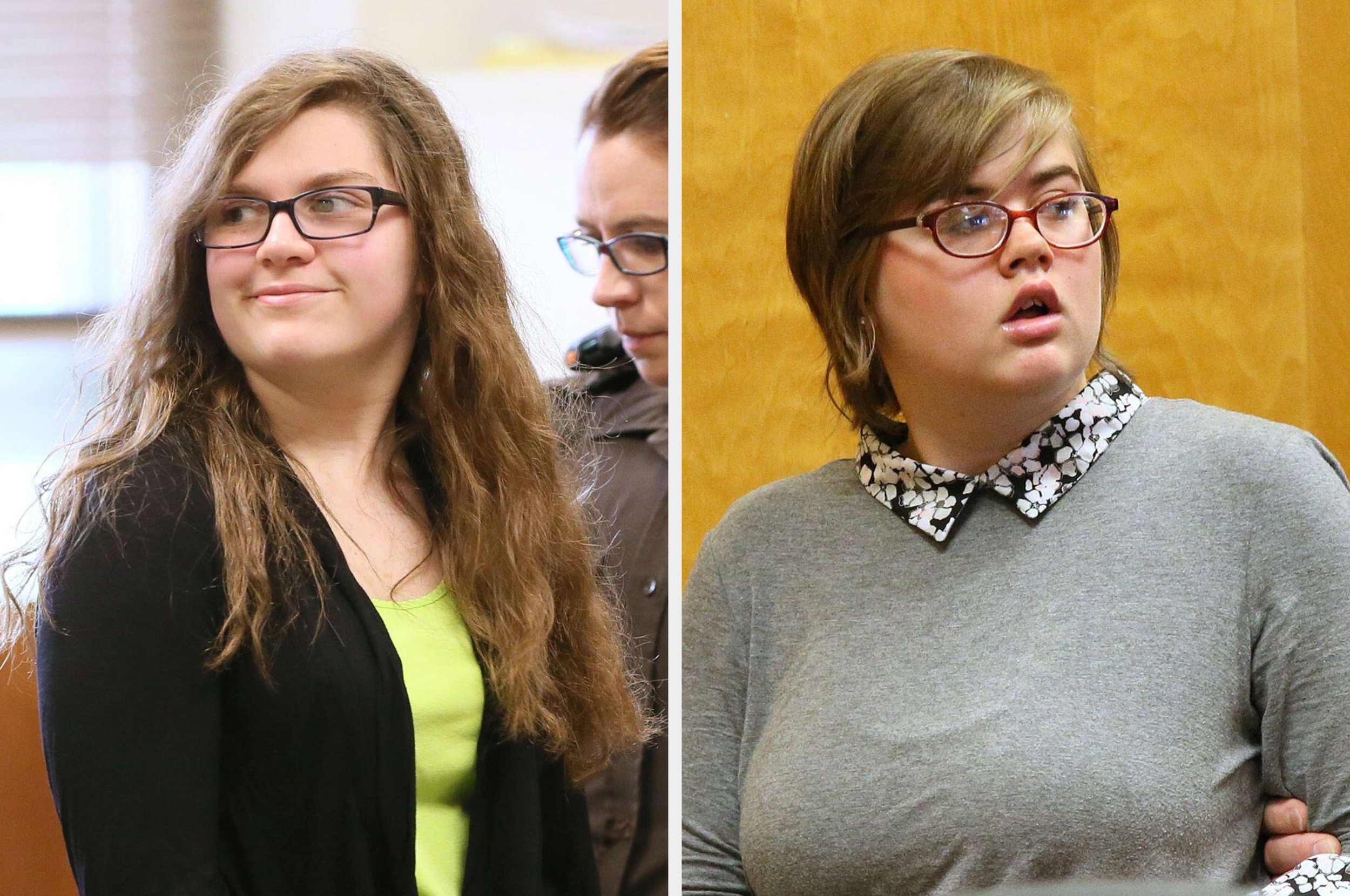 Two people appear in separate images. The left person is wearing glasses and a casual outfit; the right person is wearing glasses and a collared top