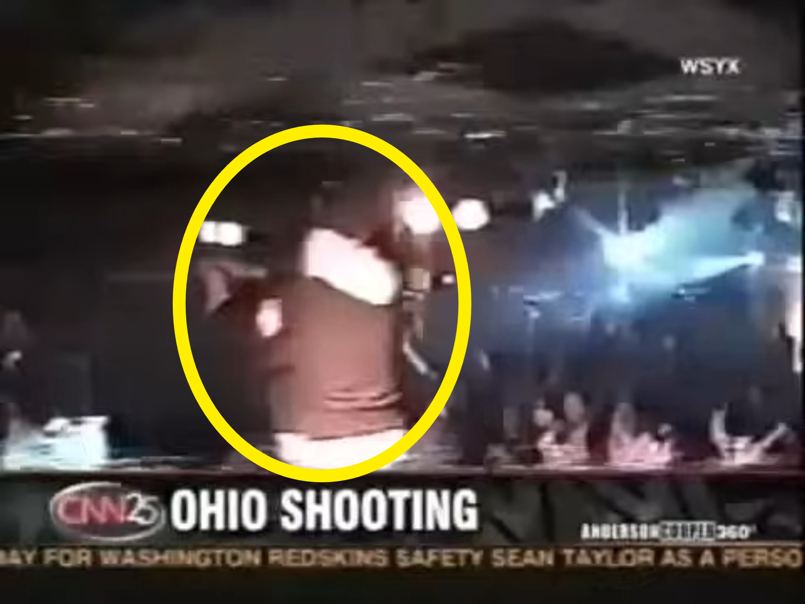 News segment titled &quot;Ohio Shooting&quot; shows a performer on stage during a live event, with an audience visible. Broadcast logos are present