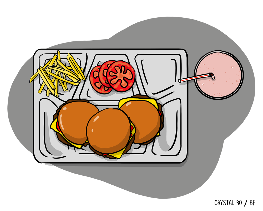 Tray with three burgers, fries, sliced tomatoes, and a smoothie with a straw on the side