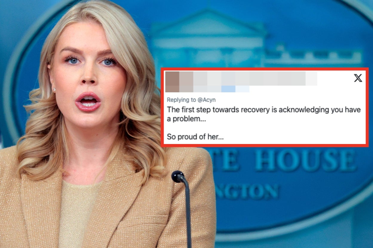 Karoline Leavitt speaking at a press briefing, with a highlighted tweet mocking her