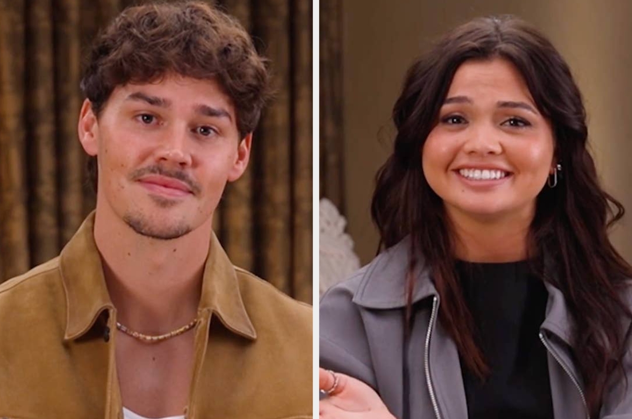 Two people with casual hairstyles are smiling in side-by-side images. The person on the left is in a light jacket; the right wears a gray outfit