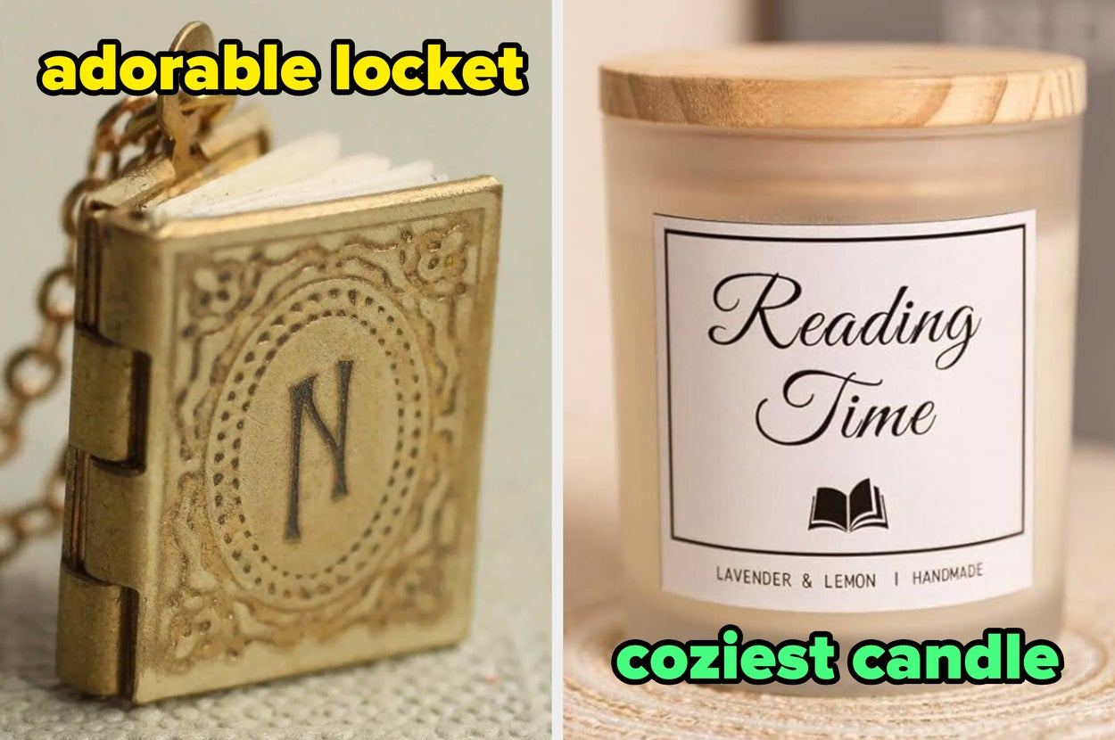 Engraved locket and scented candle with a "Reading Time" label; ideal gifts for personal touches and relaxation