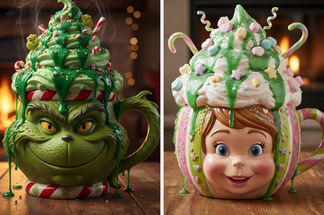 Whimsical hot chocolate mugs: one with a Grinch face and candy cane handles, the other with a doll face, both topped with festive whipped cream