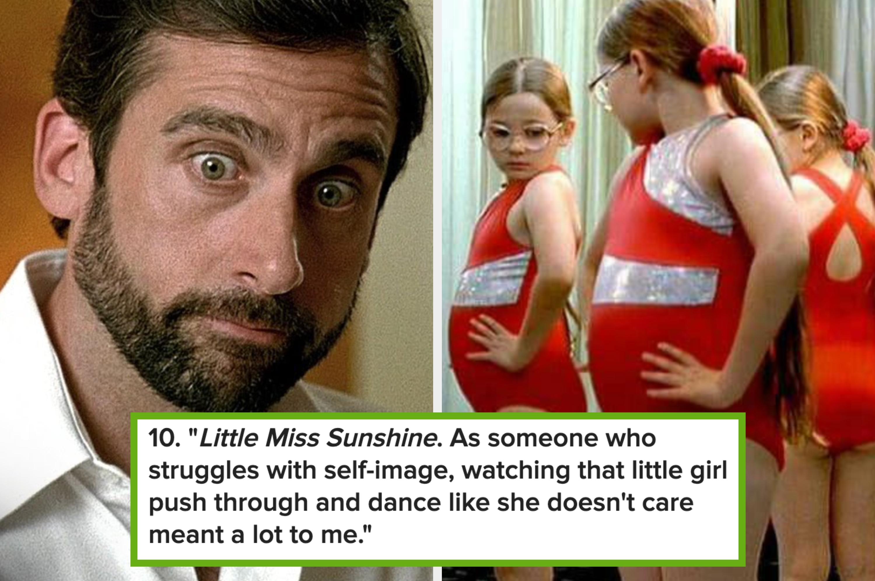 Split image: Left, person with surprised expression. Right, children in red costumes preparing for a dance. Text discusses "Little Miss Sunshine."