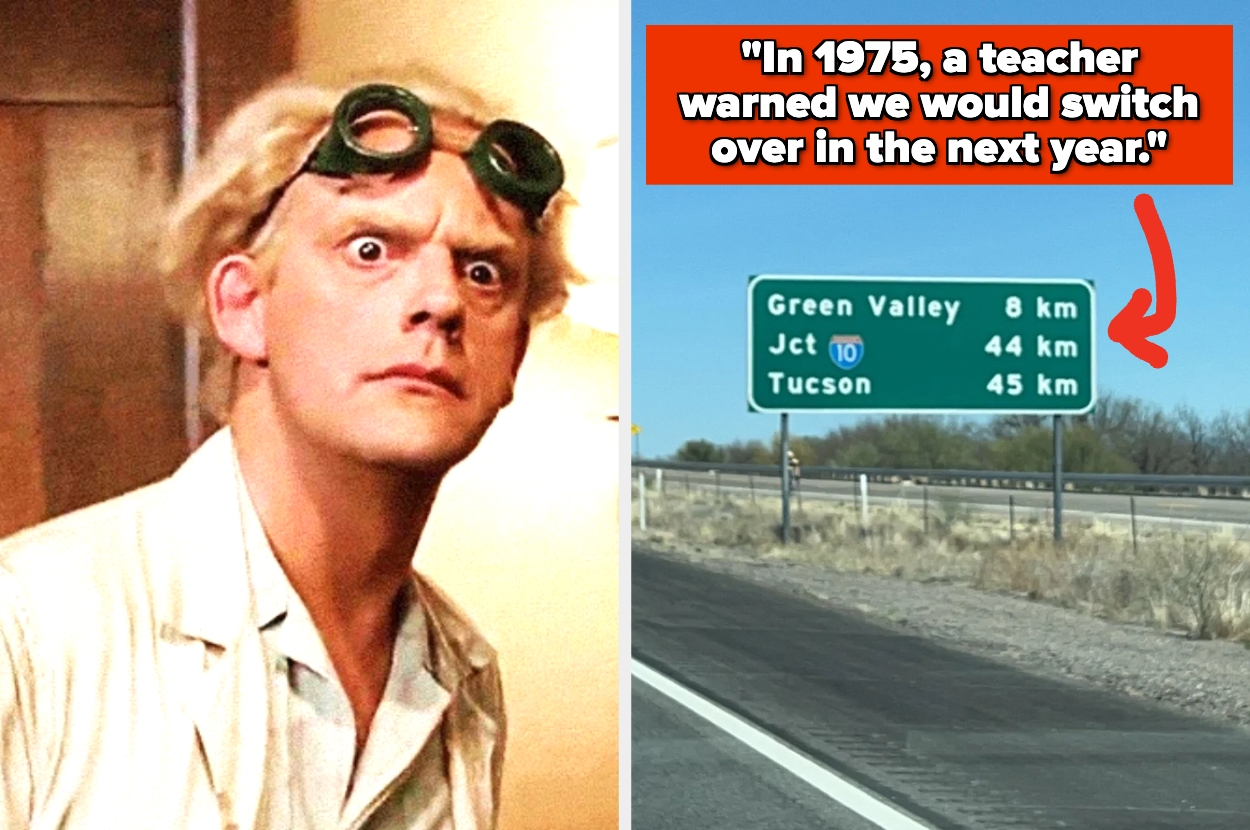 Man with wild hairstyle looks surprised; road sign shows distances to Green Valley, Jct 10, and Tucson. Text reads, "In 1975, a teacher warned we would switch over in the next year."