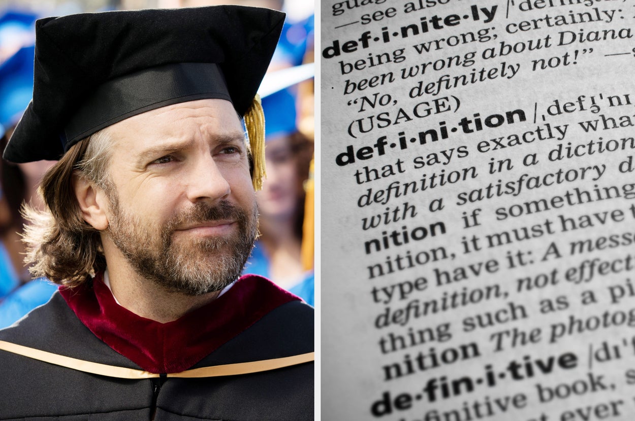 Split image of a man in graduation attire and a page from a dictionary, text overlay: "what do these words mean?"