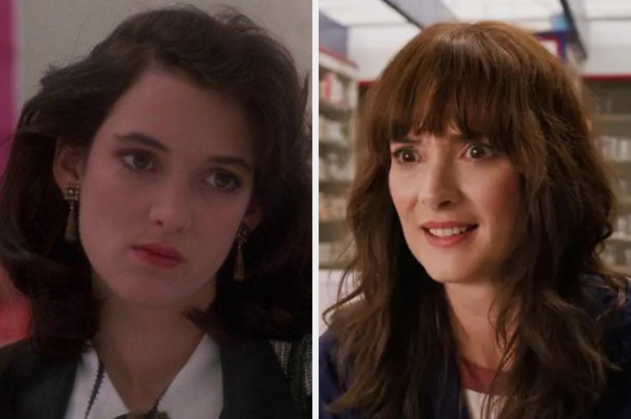 Two side-by-side images show a person with different hairstyles and expressions