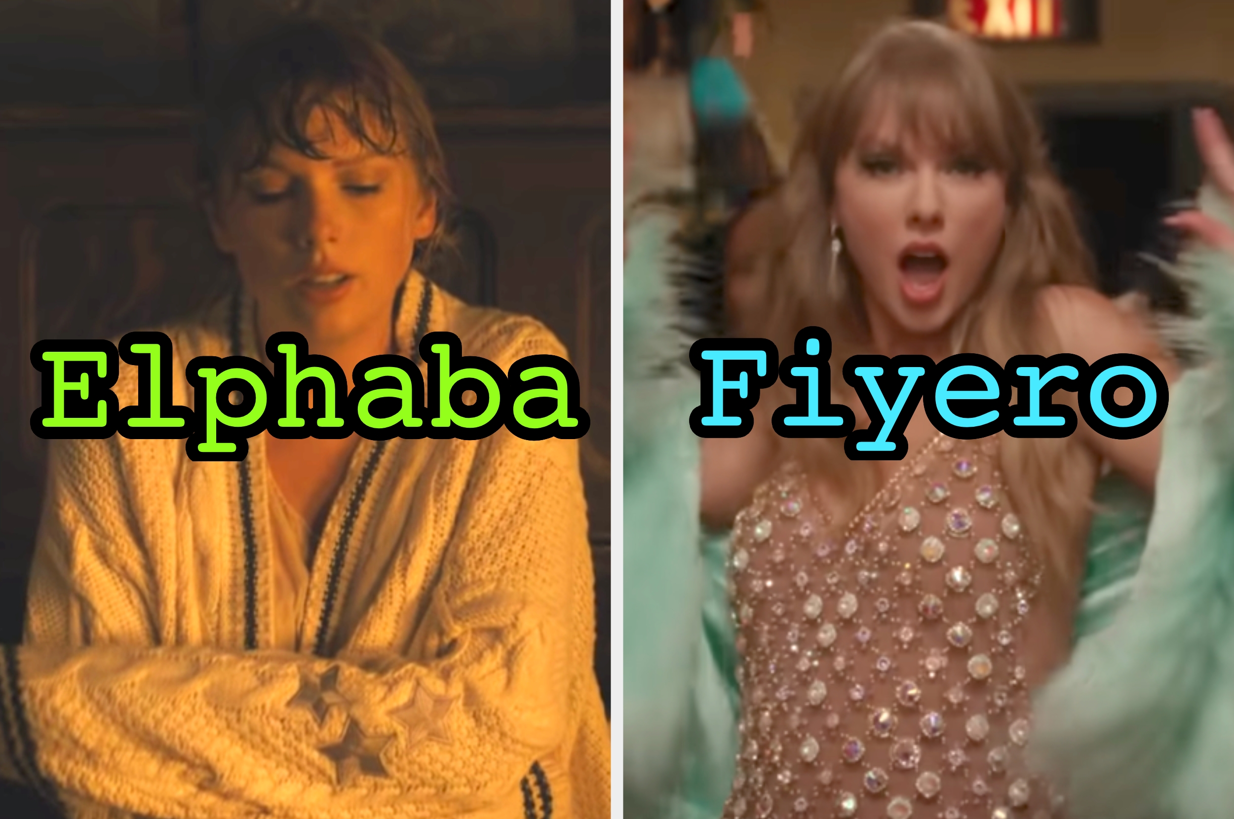 On the left, Taylor Swift in the Cardigan music video labeled Elphaba, and on the right, Taylor Swift in the Fate of Ophelia music video labeled Fiyero
