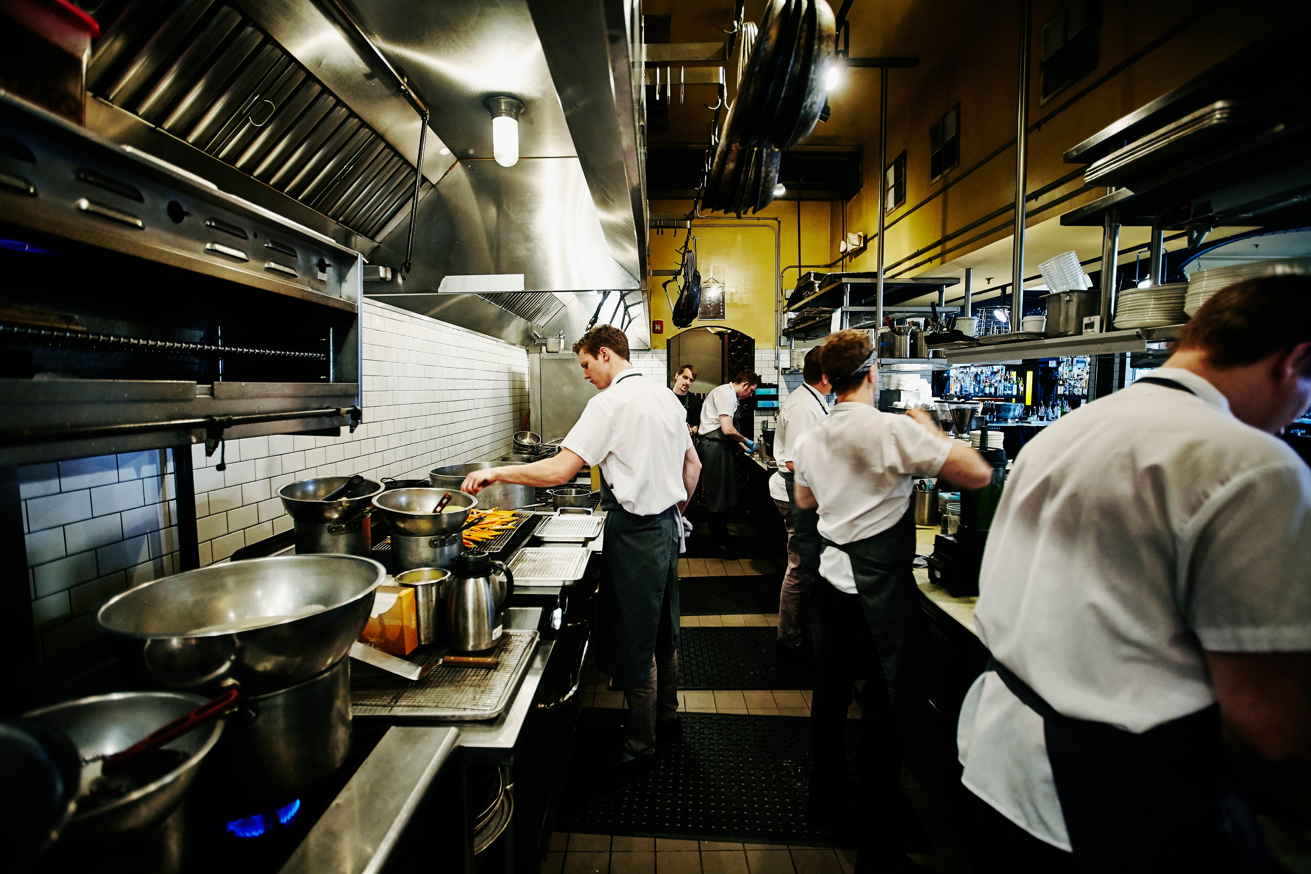 Chefs in a bustling restaurant kitchen prepare dishes, focusing on various tasks amidst stainless steel appliances and cookware