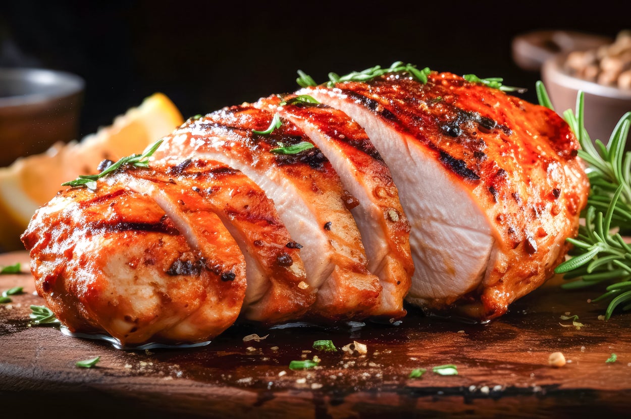 グリルされた鶏肉のスライスがハーブで飾られ、木製のプレートに盛り付けられている。背景にレモンとハーブが見える。