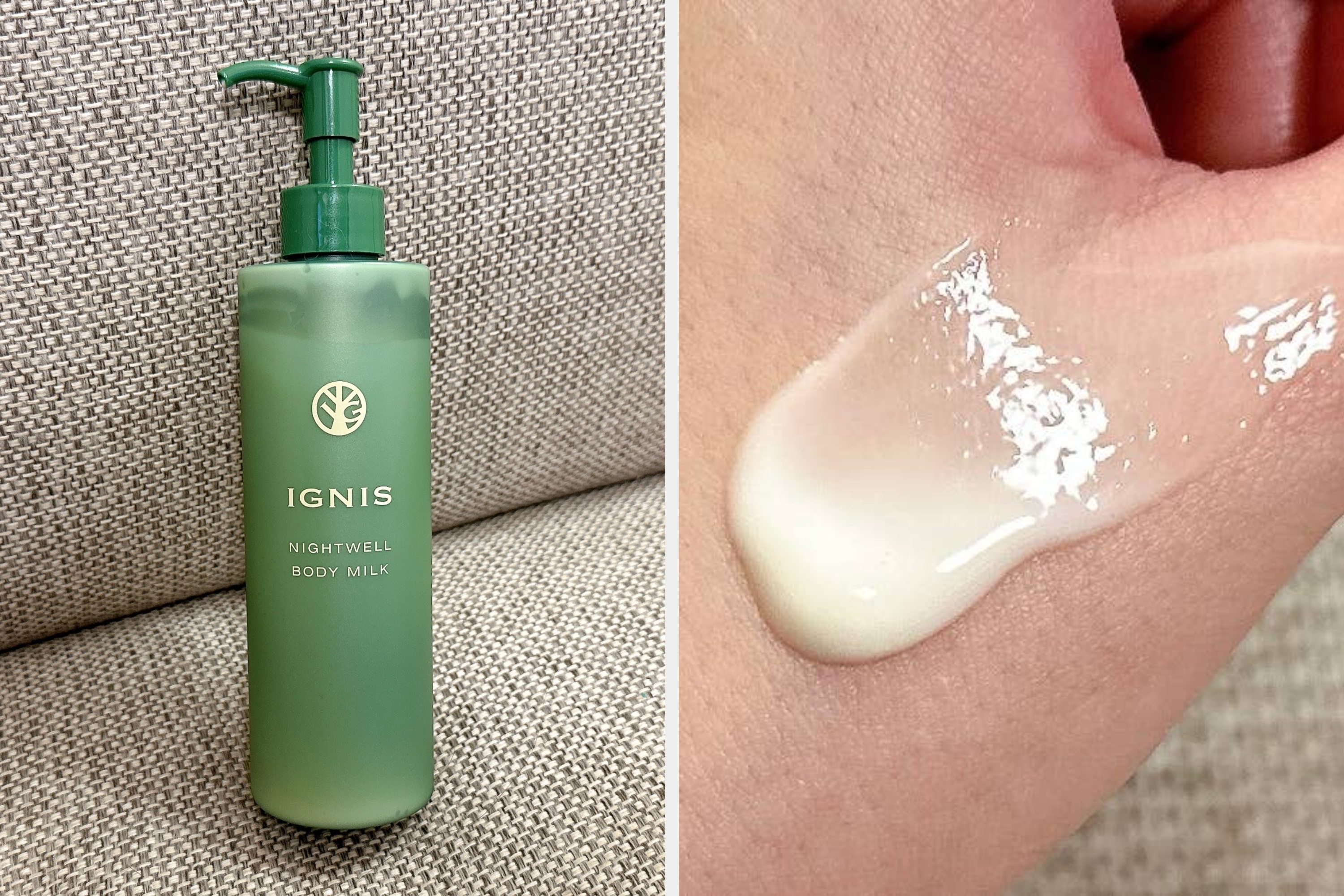 ソファに置かれた「IGNIS NIGHTWELL BODY MILK」ボトル。