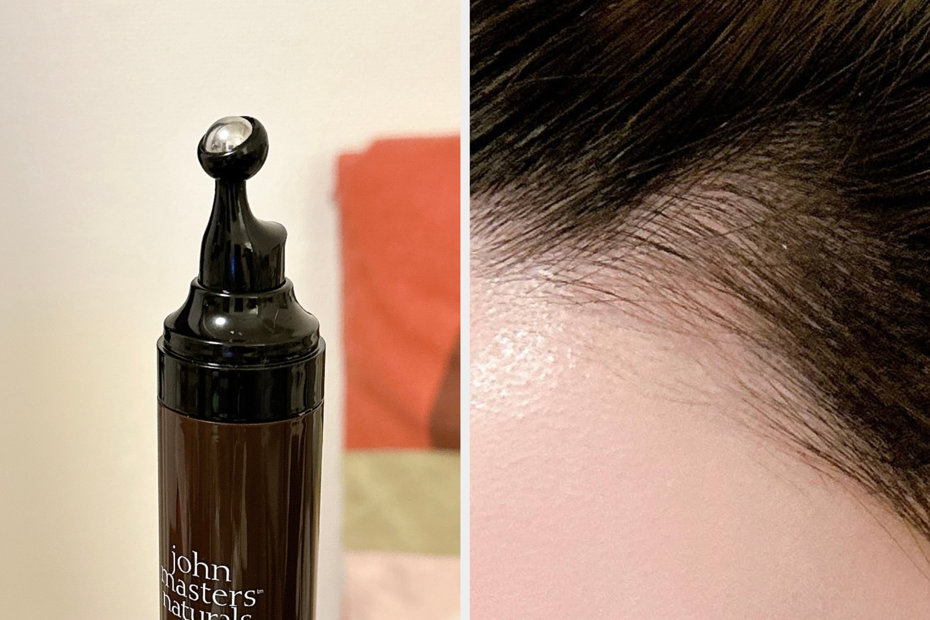 ジョンマスターズナチュラルの美容液ボトル、ディスペンサーの形状が特徴的。背景に抽象的なデザインが見える。