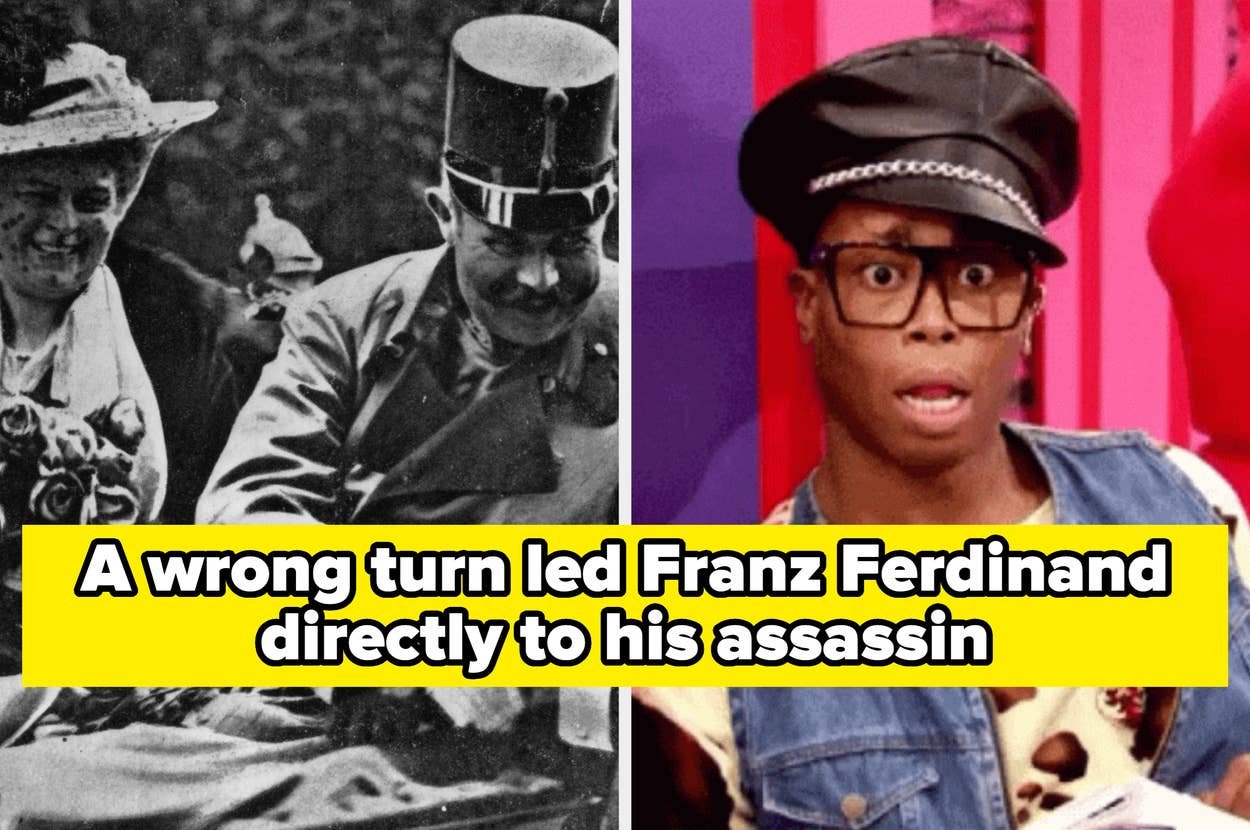 Historical illustration of Archduke Franz Ferdinand's assassination; the text humorously notes the event led to WWI