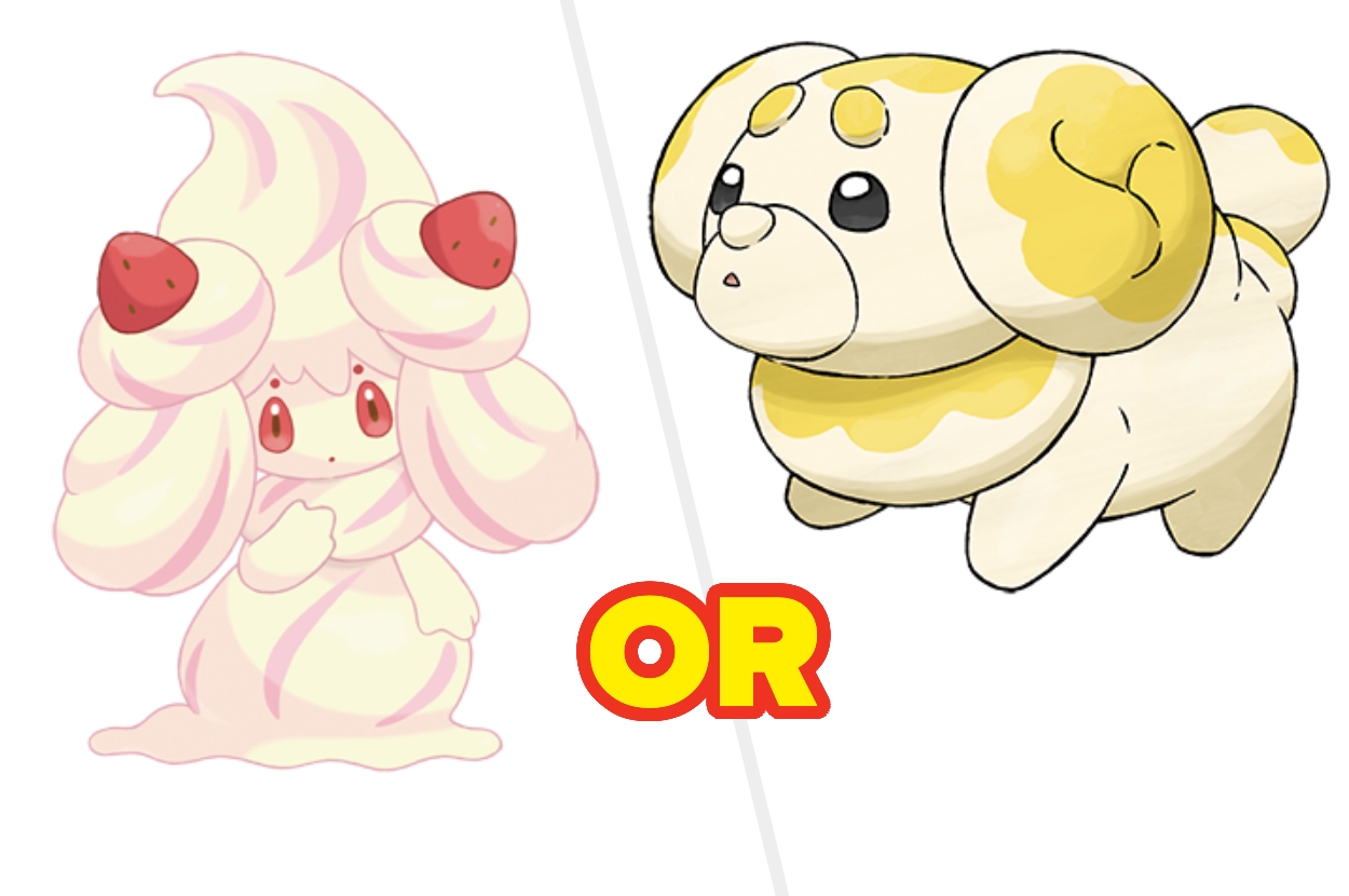 Two cartoon creatures: one with a whipped cream body and strawberry accents, and the other resembling a fluffy, yellow-patterned puppy. "OR" separates them