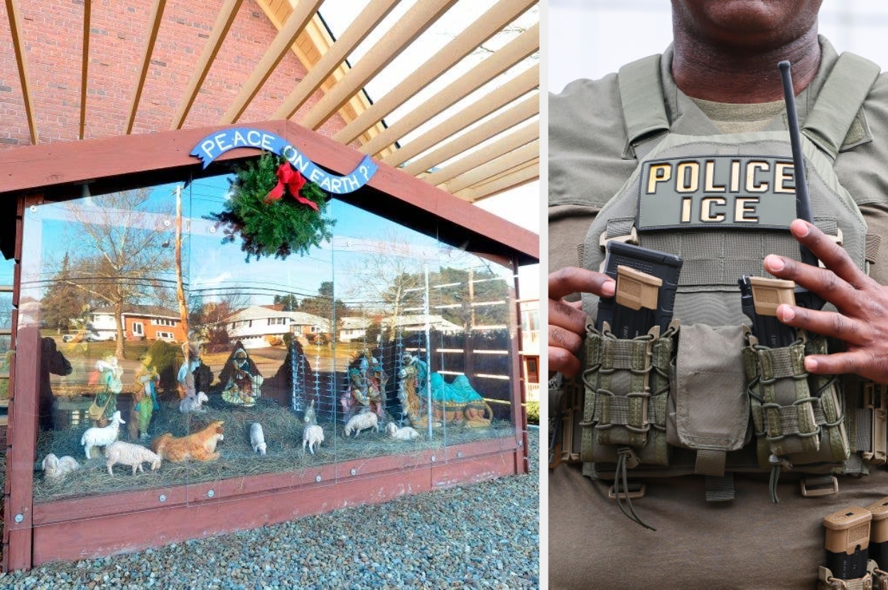 A nativity scene is displayed outdoors with "Peace on Earth" above. Next to it, a person in a tactical vest labeled "POLICE ICE" holds communication equipment