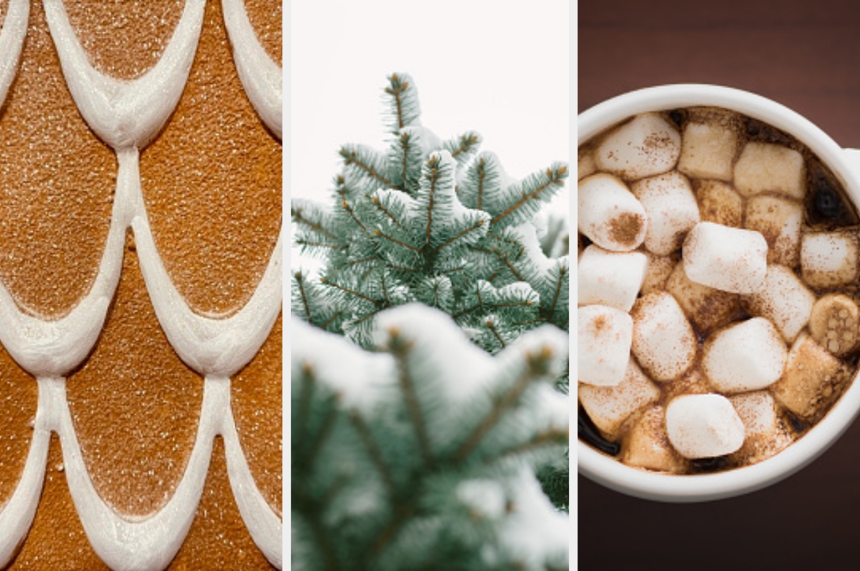 A close-up of gingerbread icing, a snow-covered fir tree, and a hot cocoa topped with marshmallows