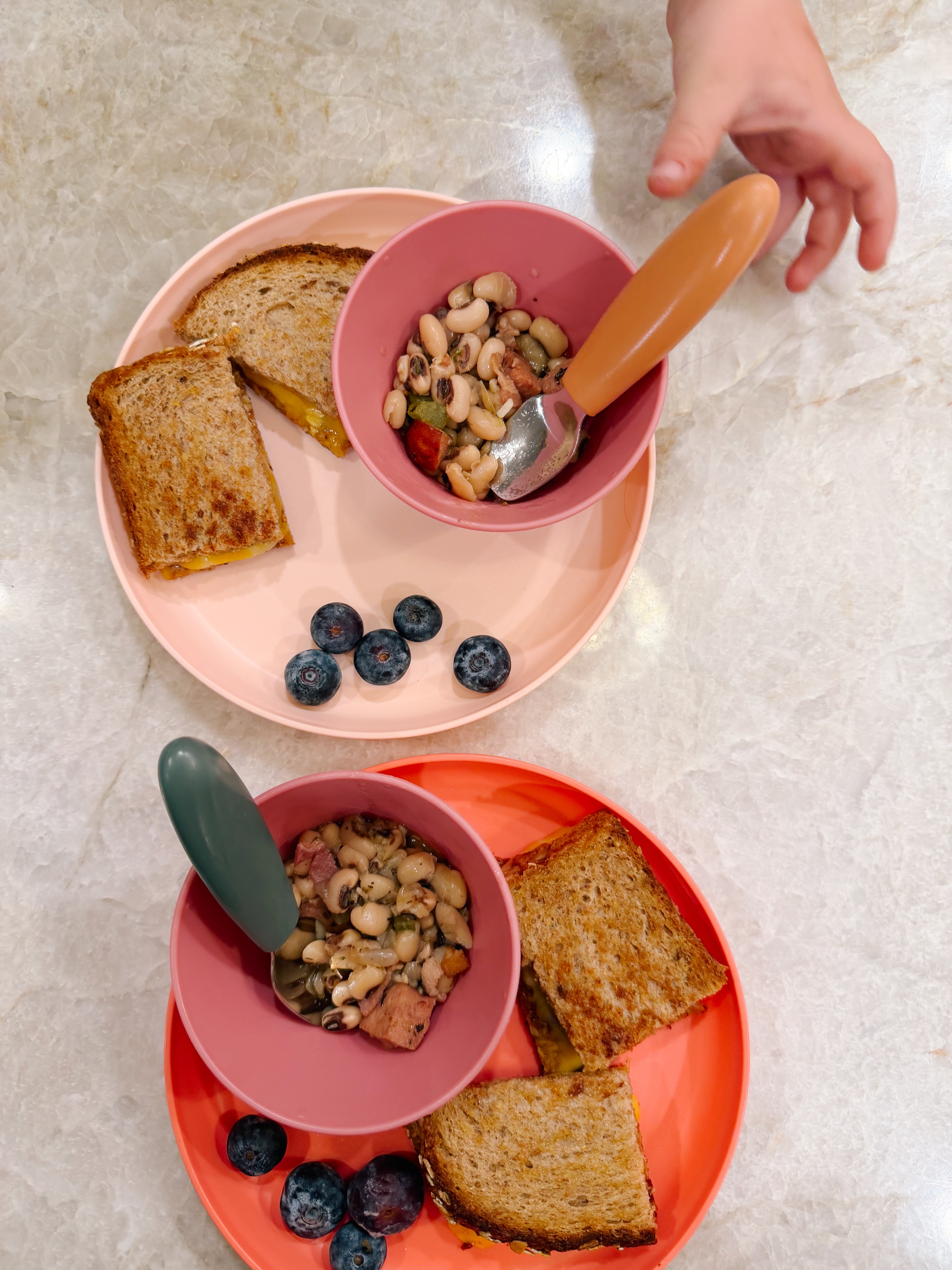 Two pink bowls with nuts and seeds on plates with grilled sandwiches and blueberries; a child's hand reaches for one plate