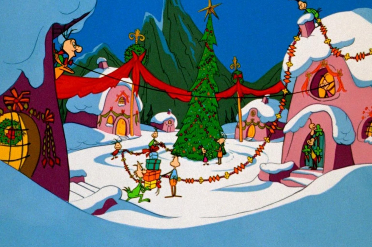 Cartoon scene of Whoville at Christmas: Whos decorate trees and houses with ornaments and garlands amidst snowy surroundings