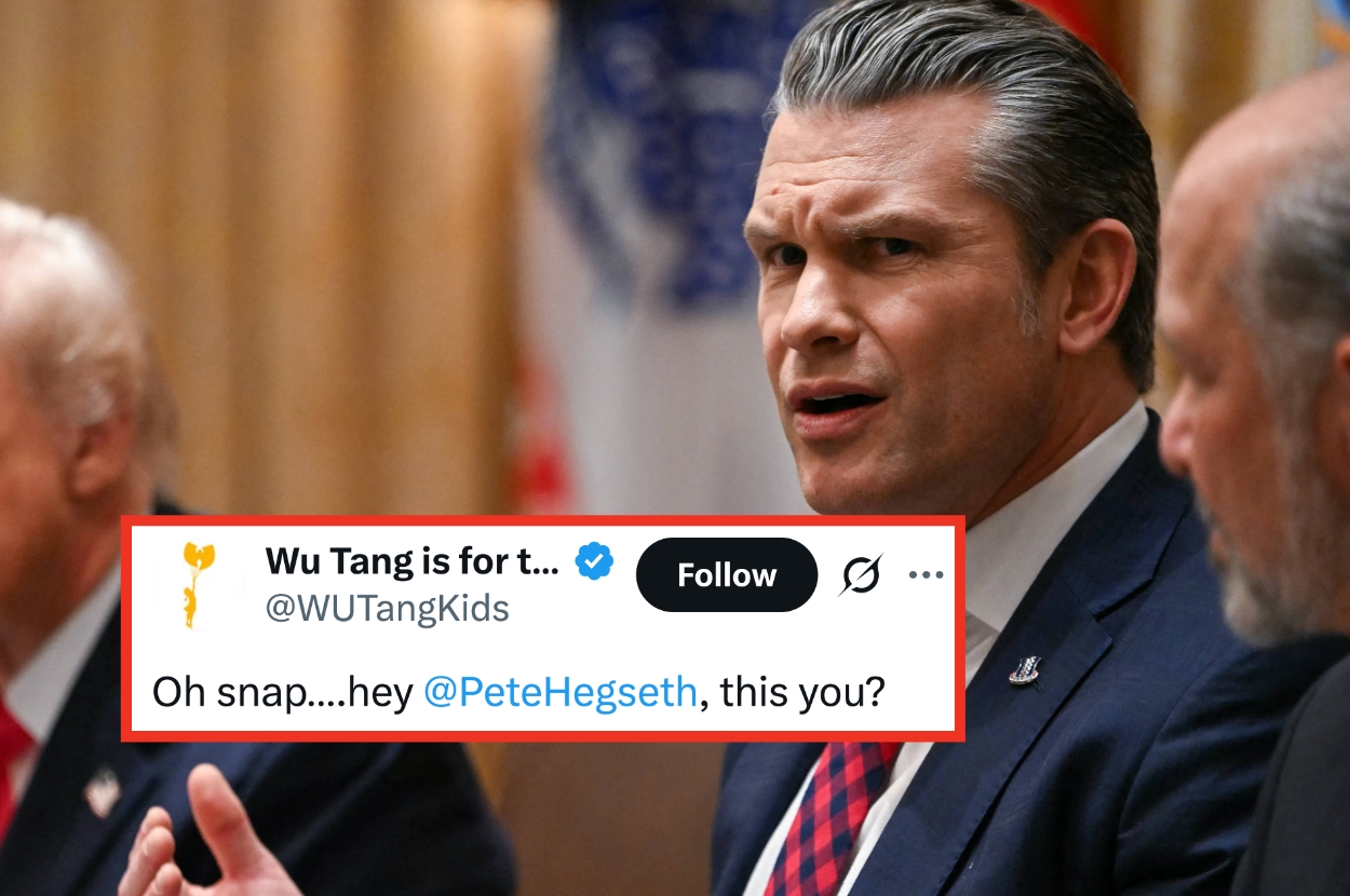 A person in a suit appears confused or surprised during a meeting. A tweet from Wu Tang Kids reads, "Oh snap...hey @PeteHegseth, this you?"