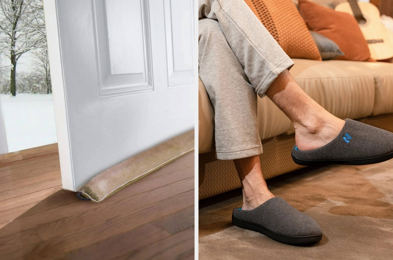 Door draft stopper and cozy slippers in a living room setting, suggesting comfort and warmth for a shopping article