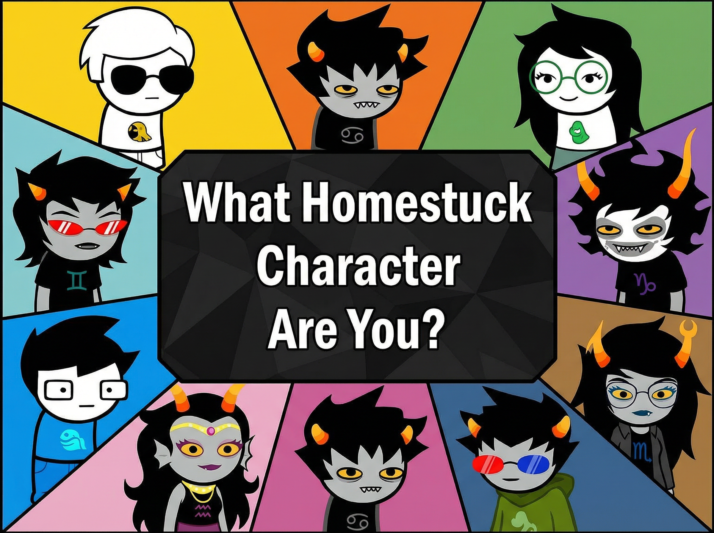 Homestuck characters with unique hairstyles and expressions surround text asking, "What Homestuck Character Are You?"